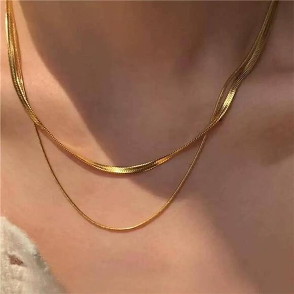 Layered Gold Chain Necklace | Cuban & Herringbone Double Chain - Picture 2 of 4